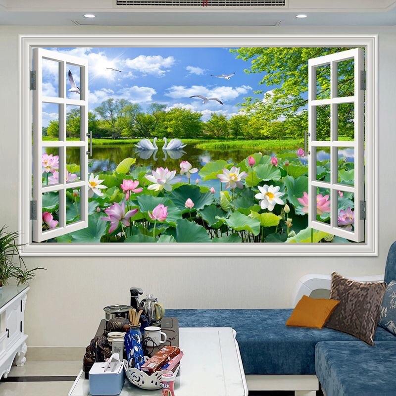  Tranh decal dán tường 3d cửa sổ sẵn keo dán   60x90cm  Decor 