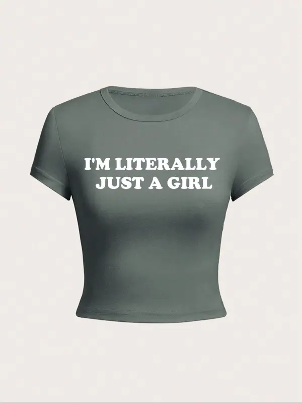 Women's Letter Print Round Neck Crop Tee, Vintage Trendy Casual Short Sleeve T-shirt for Daily Wear, Graphic Tees Women 5