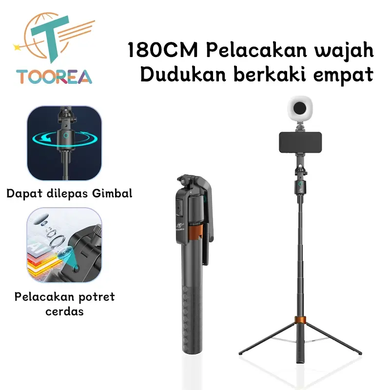 TOOREA Q13 Auto Face Tracking Gimbal Stabilizer+1.8m 4 Kaki Tripod Kit Portable 360Rotation Gimbal Stabilizer Kamera DLSR Gimbal Stabilizer Bluetooth Remote Dengan 1/4 Adaptor For Konten Kreator