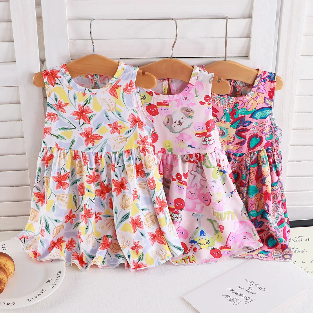 1-10 years summer sleepveless floral print dress 80-1550cm girl kids dress cute sweet comfy flower girl casual outfit dresses affordable kids birthday wear princess dress gift every occasion wear OOTD