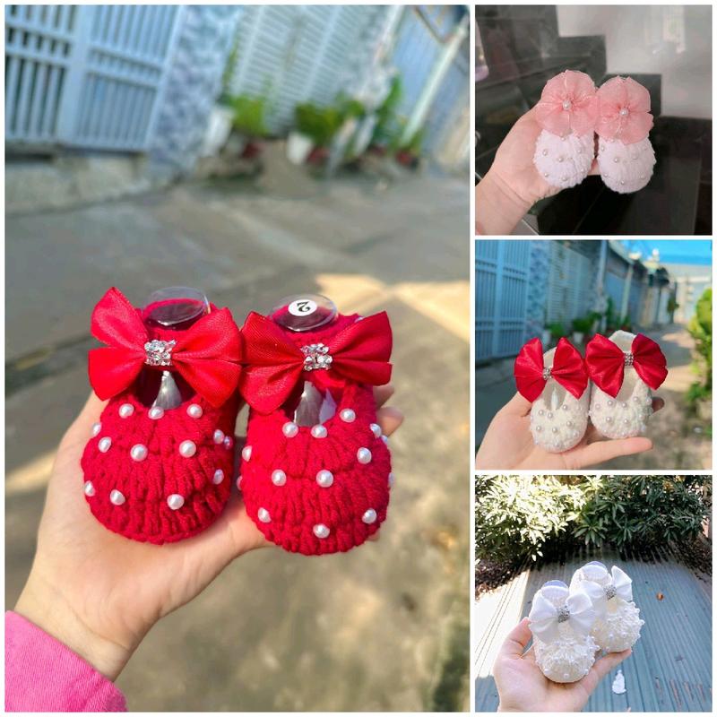 Giày Đính Ngọc Nơ Trắng Gắn Họa Tiết Xám 9-12 cm,Giày Cho Bé Gái Đầy Tháng Sinh Nhật Chất Len Mềm