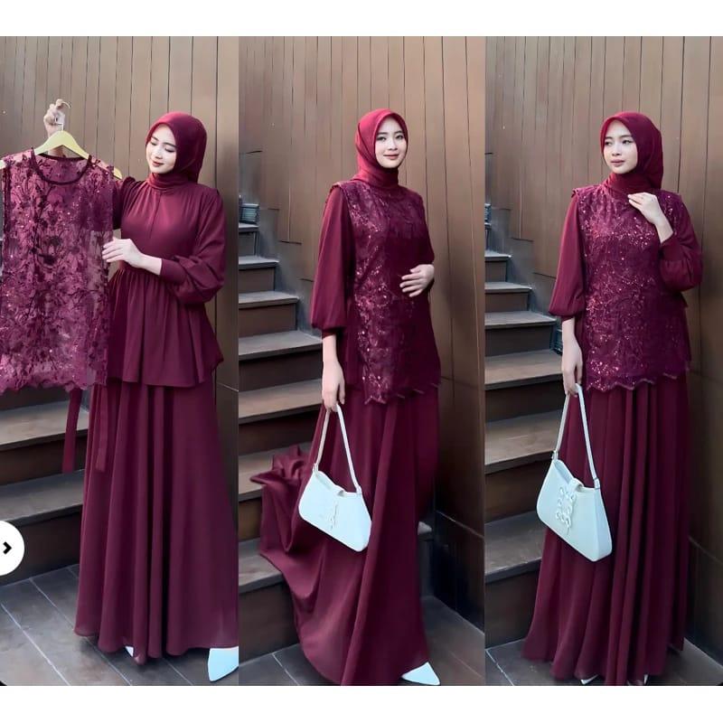 Product Introduction of SENJA DRESS SET INNER BUSUI + OUTER / Gamis Kondangan BAJU DEWASA MURAH TERBARU 2023 / Dress Pesta Bridesmaid Ceruty Muslim Wanita Lebaran Simple Mewah 30
