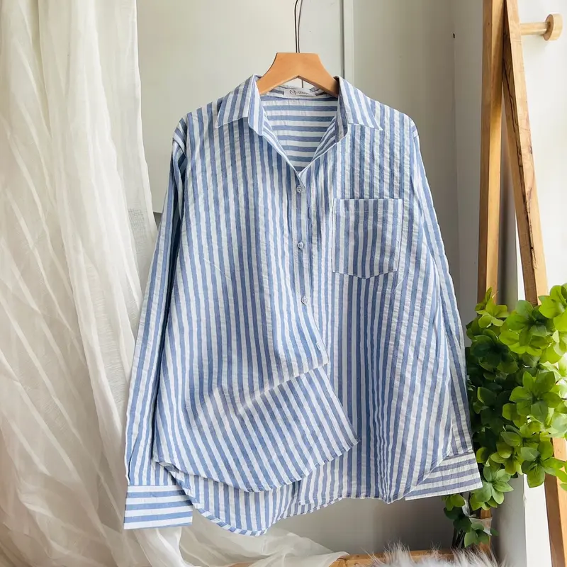 ( XÃ KHO ) Áo Sơ Mi Nữ Tay Dài Phom Rộng Chất Coton Đũi Mềm Mát Có Túi - Women's Top Shirt Kem Voi Nhung 2