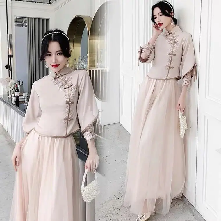 Váy Phù Dâu Dài Trung Quốc, Phong Cách Trung Quốc Mới, Nhóm Chị Em Tangzhuang, Xiuhe, Bạn Gái, quần Áo Ngoại Cỡ, Áo Cưới, Váy Cưới calem quần, Dress, Tay Phồng, Women 4