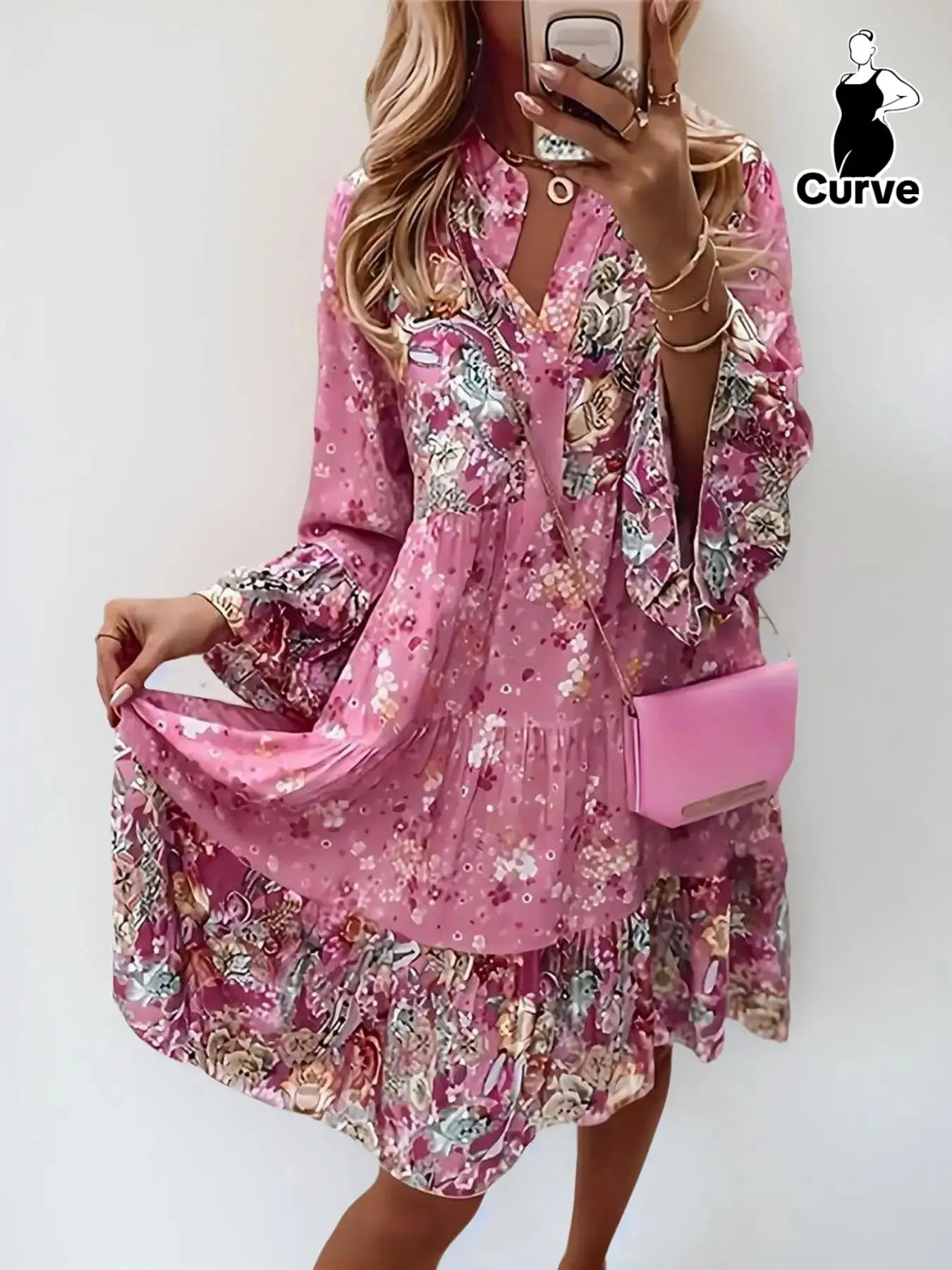 Plus Size Floral Patchwork Print Ruched Ruffle Smock Dress, Summer Dresses 2024, Boho Notched Neck Flounce Sleeve High Waist Short Dress, Dresses for Women, Summer Dresses, Womenswear