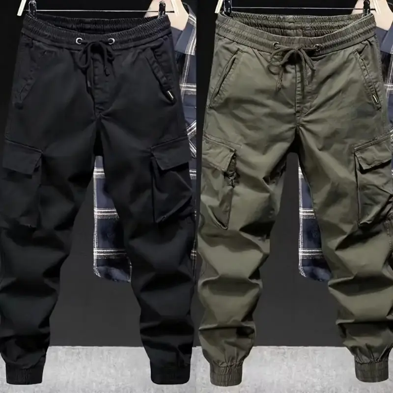 Men Cargo Pants Drawstring Elastic Waist Loose Multi Pocket Soft Breathable Ankle-banded Sports Streetwear Hip Hop Long Trousers carpenter pants Menswear Lingerie cargopant Beige Plain