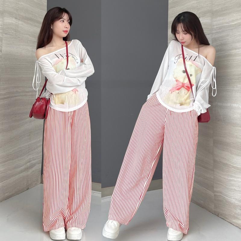 Quần Dài Nữ Kẻ Sọc NHIỀU MÀU phong cách streetwear, Quần ống rộng vải xốp nhăn dành cho nam nữ Molly Fashion 1