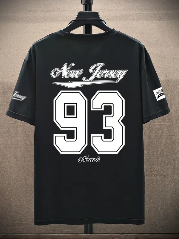 Men's Number 93 & Letter Print Short Sleeve Graphic Tee, Regular Fit Casual Round Neck T-shirt for Summer, Men's Top for Daily Wear 1