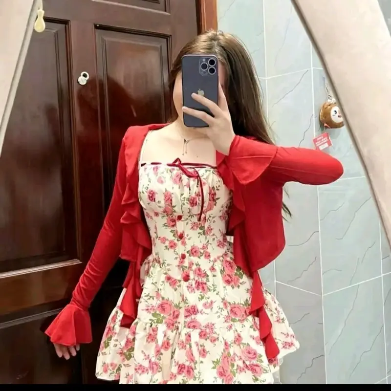 Sét váy 2 dây tiểu thư họa tiết hoa lá phối ren kèm áo khoác bèo dễ thương đi du lịch Đà Lạt,đi biển, chụp hình , sống ảo  siêu xinh cho nữ - Women 3