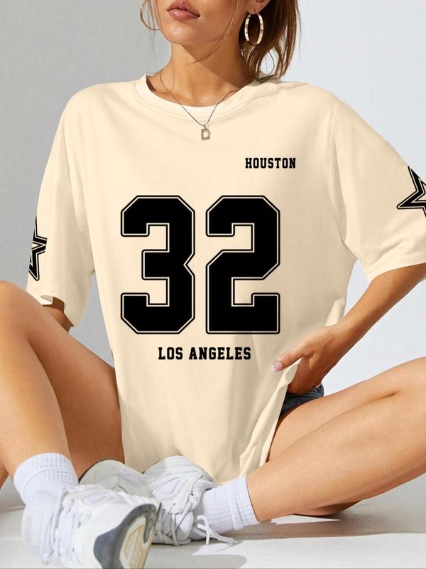 Women's Letter & Figure Print Round Neck Graphic Baby Tees Y2k Tee, Casual Streetwear Star Print Half Sleeve Oversized T Shirt for Summer, T Shirts for Women, Graphic Tee, Summer Clothes, Clothing 3