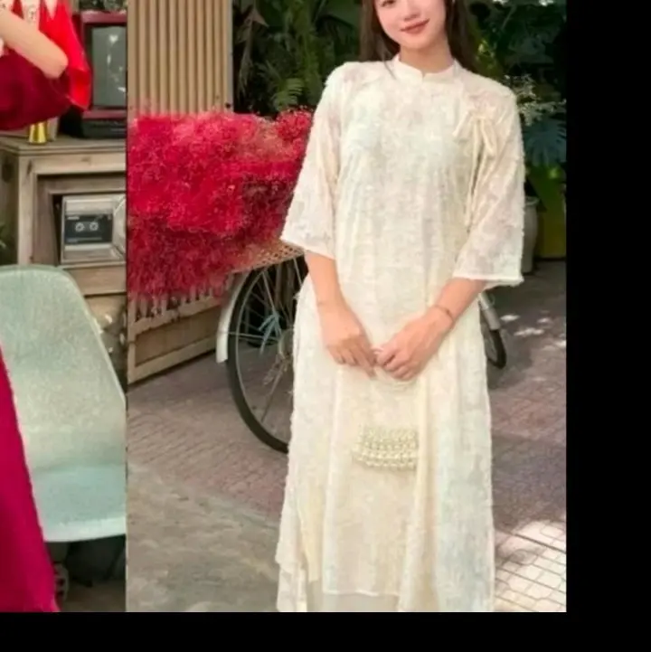 Áo Dài Lông Vũ Hoa Nổi - Dài Cổ Tay, Phối Quần Lụa ( có chun) 2