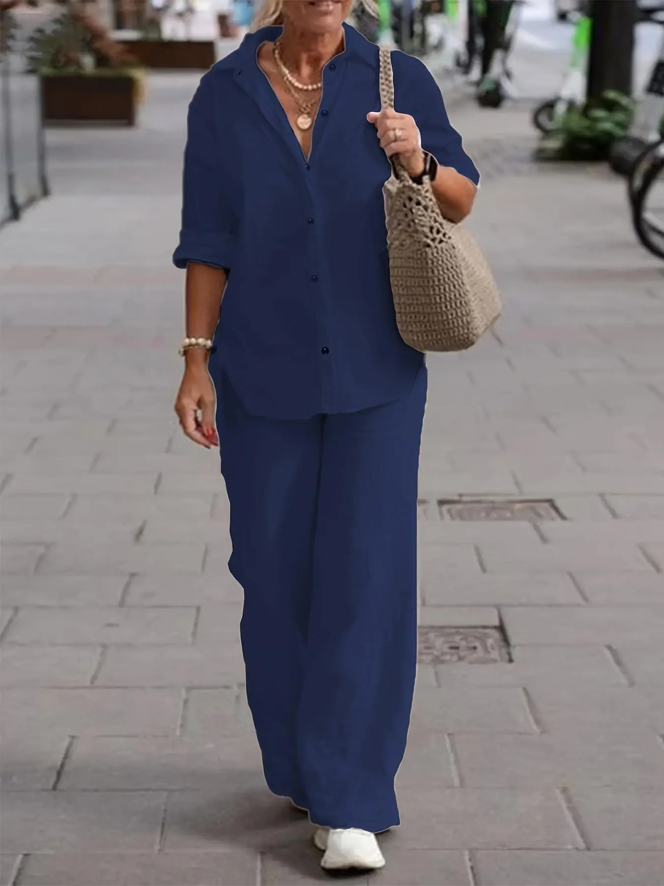 Women's Solid Color Pants Set, Casual Button Front Shirt & Elastic Waist Wide Leg Pants for Daily Outdoor Wear, Ladies Summer Clothes