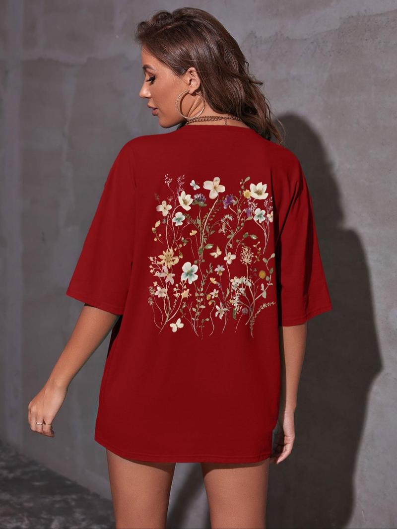 Product Introduction of Women's Floral Print Drop Shoulder Crew Neck Tee, Street Fashion Casual Half Sleeve Round Neck T-shirt for Summer, Streetwear Tshirt, Ladies Summer Clothes, Graphic Tees, Clothing, Tops 10