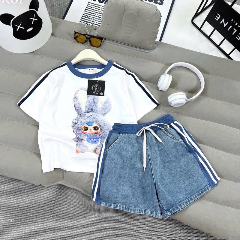 (25-52kg) bộ quần áo trẻ em, sét áo cotton Baby Three phối quần sooc jean bé gái size đại