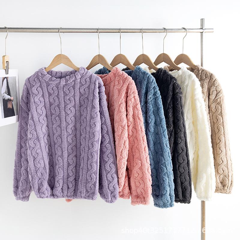 ชุดนอนผู้หญิงสำหรับฤดูใบไม้ร่วงและฤดูหนาว ผ้าคอรัลฟลีซ ชุดใส่ในบ้านผ้าฟลานเนล หนานุ่ม เหมาะกับฤดูหนา