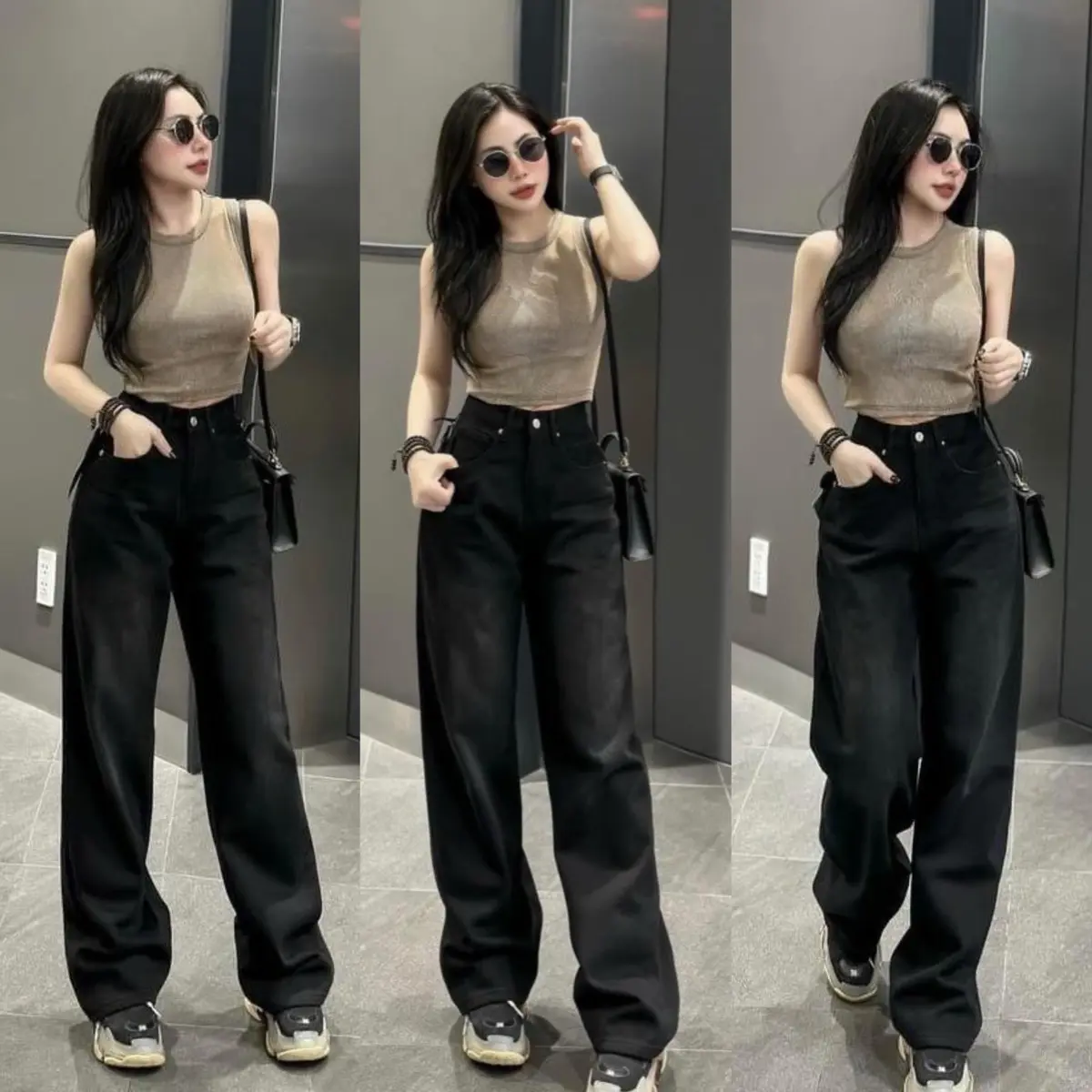 (S-2Xl) HHCHOU- Quần Jeans Suông Màu Đen Tuyền Chất Vải QC mềm H3618 Women Pants Tim