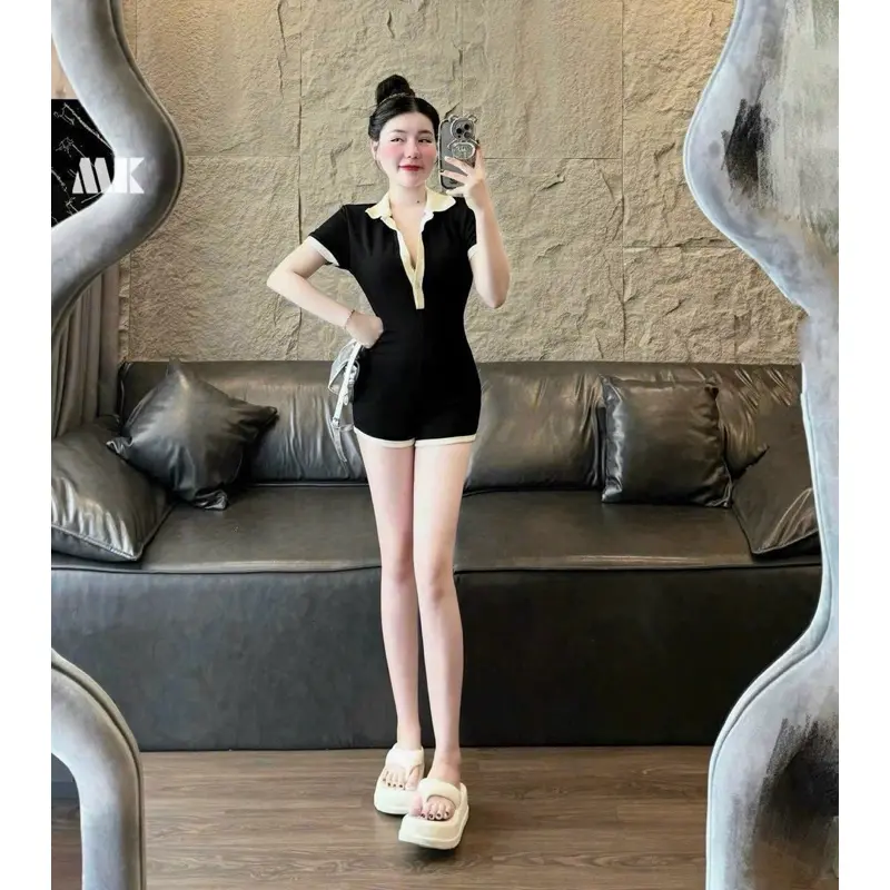 JUMSUIT ĐÙI POLO ĐEN VIỀN TRẮNG TAY NGẮN - Dáng Chuẩn Voi ÁO Jean Voan Lịch 6