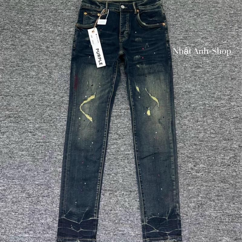 Quần bò jean purple likeauth gam màu xanh đậm vẩy sơn rách tua chỉ,4 cúc ôm gọn Nam