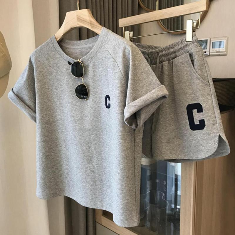 Product Introduction of 2 Pcs/Set Summer Women Tracksuit O Neck Letter Print Pure Color Short Sleeve T-shirt Drawstring Elastic Waist Shorts For Sport Womenswear Clothing Lingerie Comfort 6