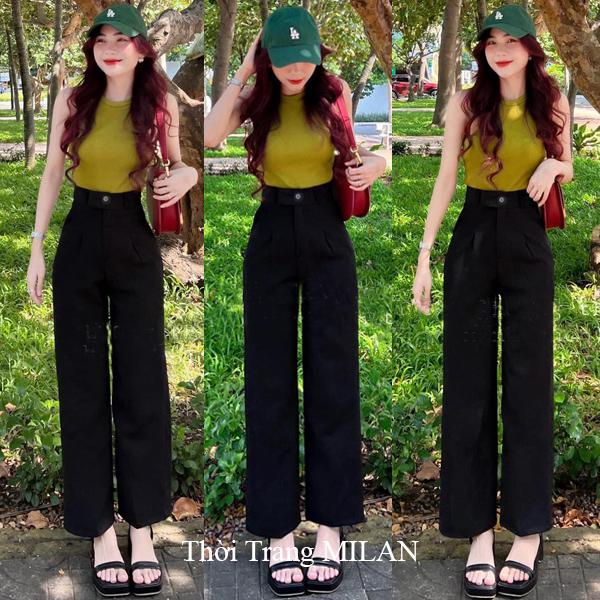 Quần ống rộng lưng cao nữ m50 m55 m60 đi học làm công sở có túi ly trước dáng quần ống suông dài cạp cao vải tuyết mưa dày mềm co giãn nhẹ