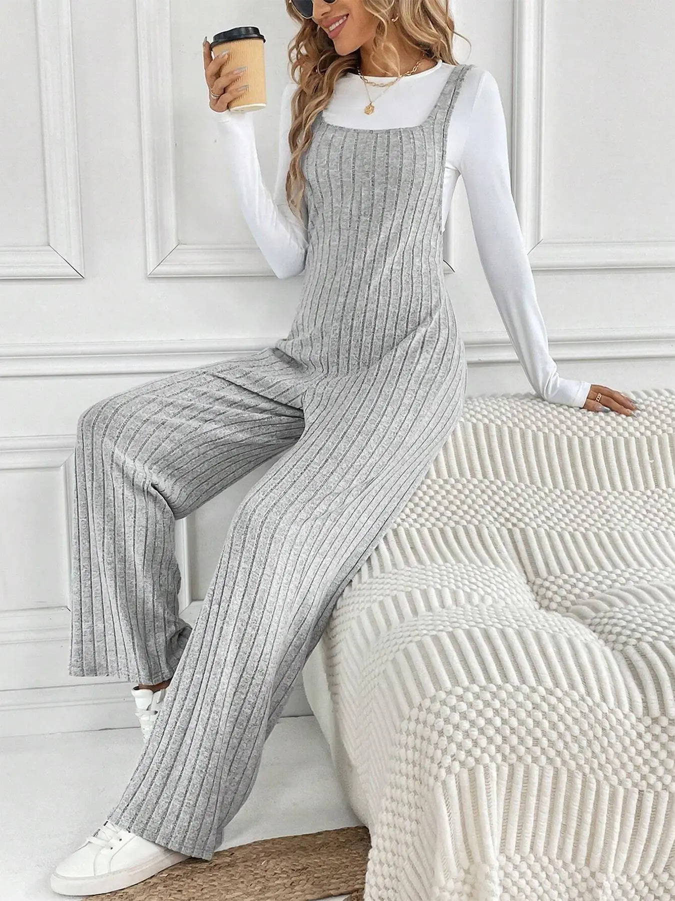 Women's Solid Ribbed Overalls Jumpsuit without Inner Top, Casual Scoop Neck Sleeveless Jumpsuit for Spring & Fall, Women's Clothes for Daily Wear