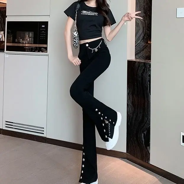 Quần Dài Ống Loe, Thiết Kế Dây Chuyền Xích, Lót Lông Cừu, Dày, Cạp Cao, Thích Hợp Cho Mùa Xuân Và Mùa Thu, Hàng Mới Về, Quần Legging Xẻ Tà Thường Ngày Cho Nữ, Quần Dài quét đất Nhà 1