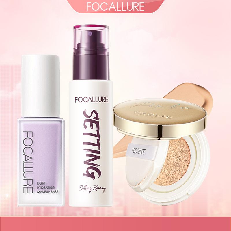 FOCALLURE Combo 3 Món Kem Lót + Xịt Khóa Hỗ Trợ Cố Định Lớp Trang Điểm + Cushion Phấn Nước Phù Hợp Trang Điểm Hằng Ngày