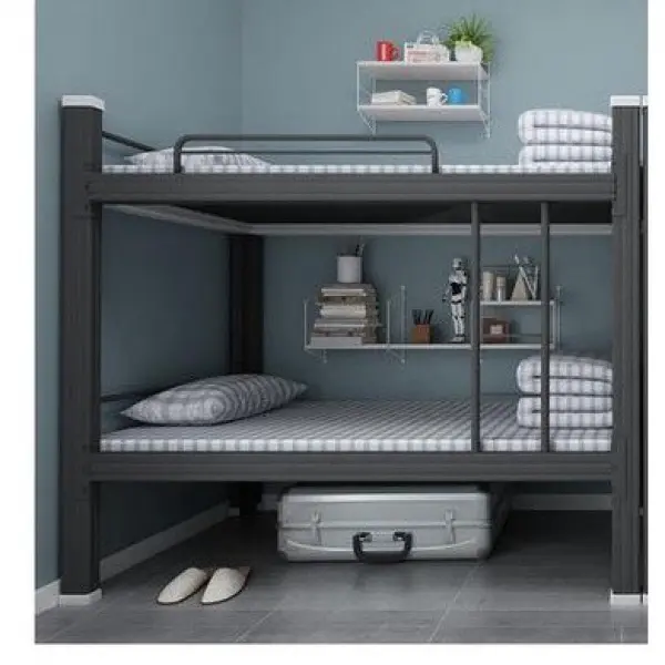 Modern Simple Iron Frame Double Bunk Bed‌ - Space-Saving High-Low Design for School Dormitory & Staff Apartment
