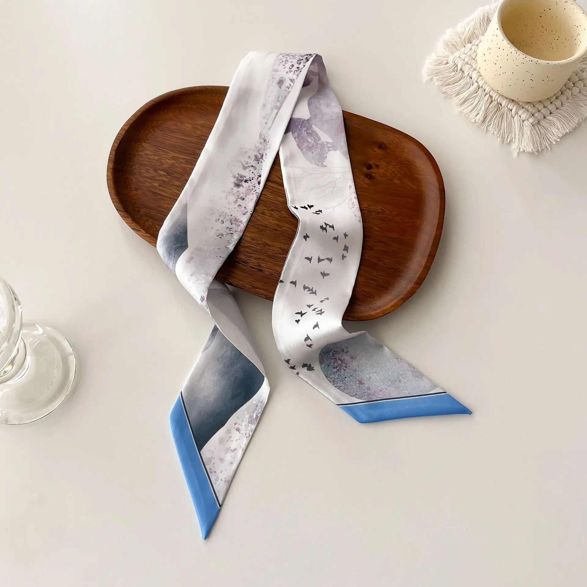 Korean version of the new versatile women's small silk scarf streamer retro temperament simulation silk printing process streamer headband