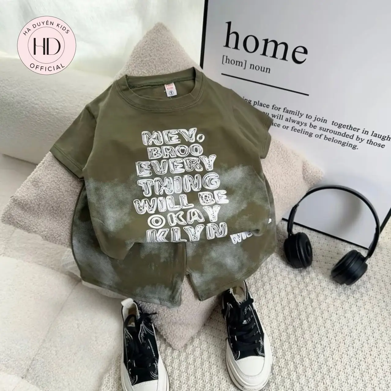 [HADUYEN ]Bộ quần áo cotton Loang Vẩy sơn ngắn tay in chữ