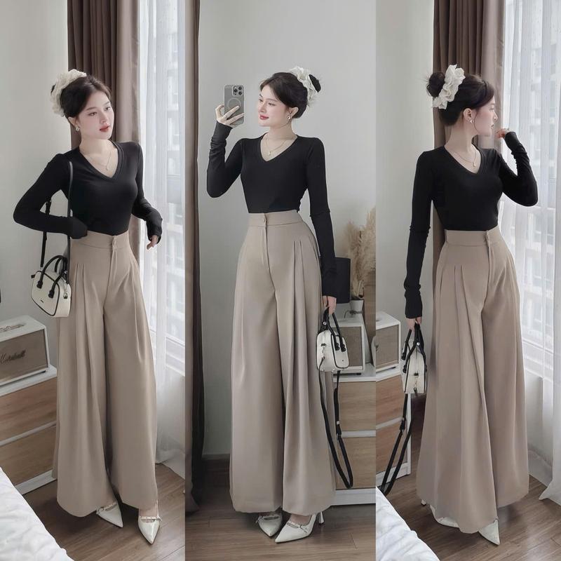 Set đồ nữ áo tăm lạnh thiết kế cổ tim tay dài mix quần mango ống rộng dáng dài ( Lưng Chun ) xinh xắn dành cho các nàng diện đi chơi đi tiệc.