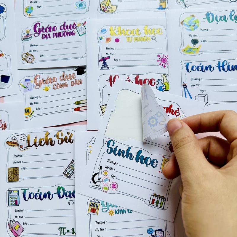 nhãn vở in tên môn học dạng sticker bóc dán theo chương trình mới bóc dán cấp 2 3