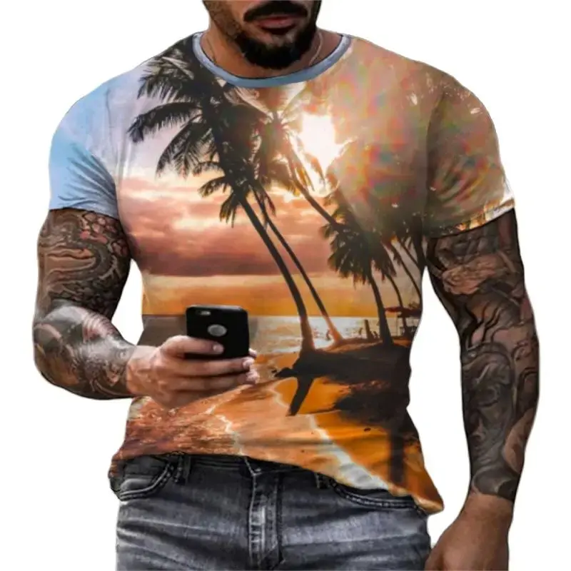 Personality Coconut Tree T-shirt Men's Fashion Hawaii HD 3D Digital Printed Tropical Crewneck Beach Casual Loose Comfortable Top