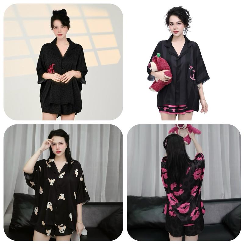 Bộ pijama (không túi ) quần đùi cánh dơi nền đen hoạ tiết Ladder   ( bộ ngủ ladder)   bộ ngủ Ládder - pyjama women