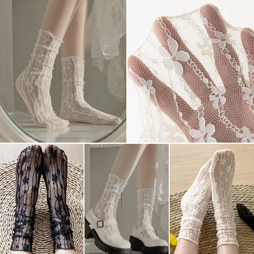 Jk Stripes Black And White Short Medium-length Tube Mesh Thin Socks Lace Female Sock Summer K4R5