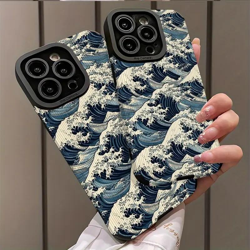 New all inclusive leather creative wave phone case suitable for iPhone 16 16pro 16promax11 12 13 14 Pro Max 15pro 7 8 plus X 11pro 14pro 13pro XS Max anti fall protection phone case 1