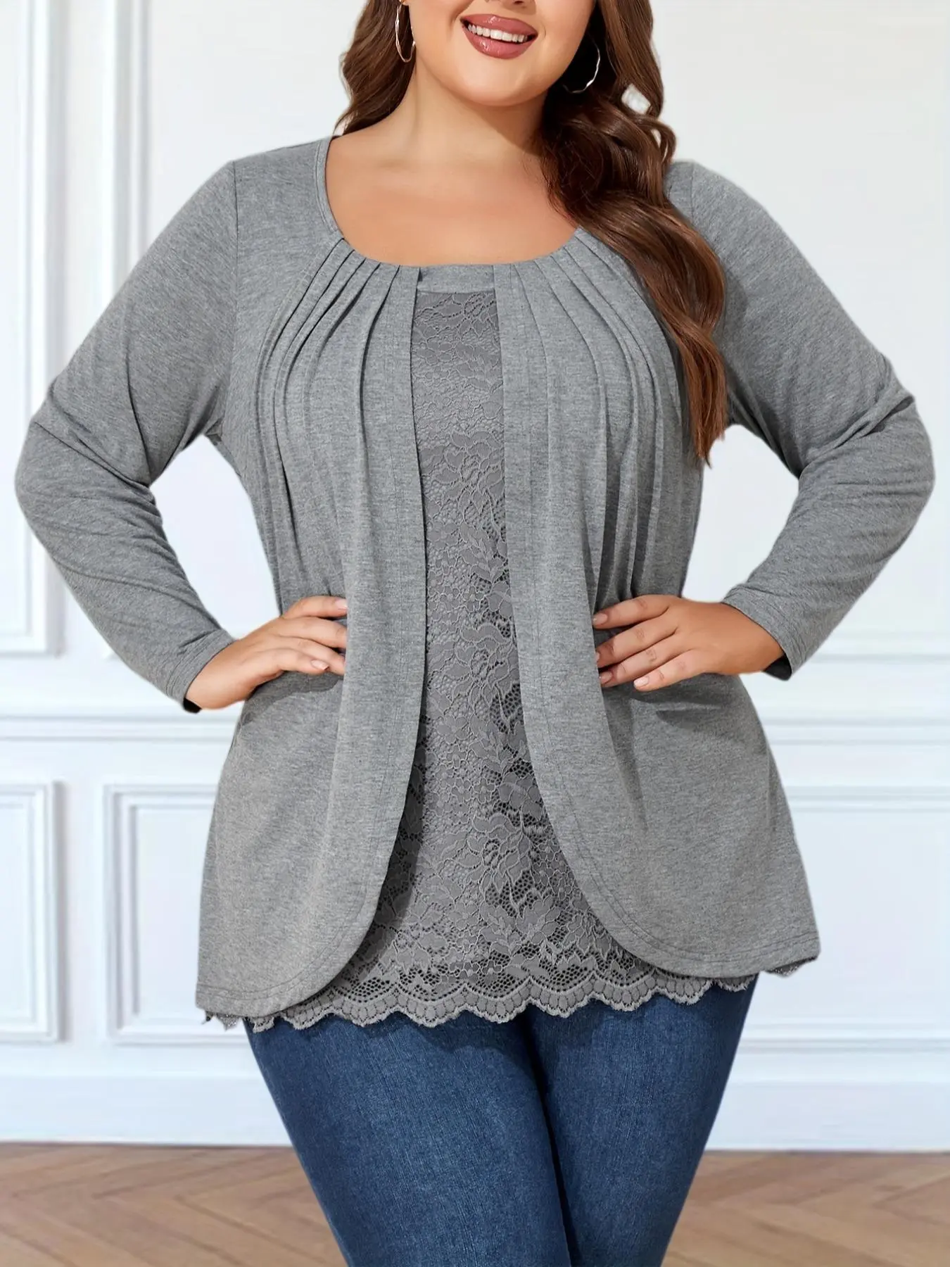 【Plus Size】Women's Solid Lace Panel Front Pressed-pleated Long Sleeve Top, Casual Pleated Neckline Plus Top for Fall & Winter, Women's Clothing for Daily Wear