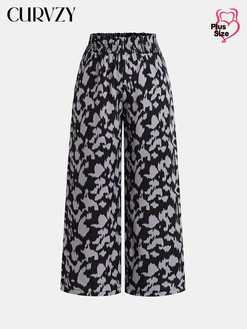 Product Introduction of Curvzy Plus Size Autumn Aesthetic Back to School All Over Print Frill High Waist Wide Leg Pants, Casual Comfy Fashion Trousers for Daily Wear, Women's Bottoms for All Seasons 22
