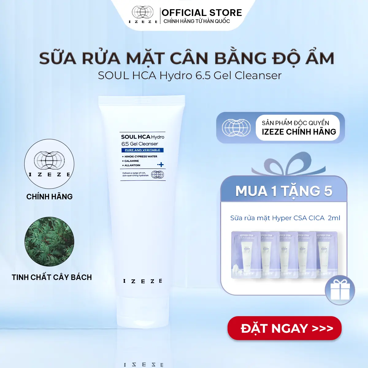 [IZEZE] Sữa rửa mặt SOUL HCA Hydro dạng Gel 150ml (Chiết xuất nước cây Bách, cân bằng độ ẩm cho da, độ pH 6.5)