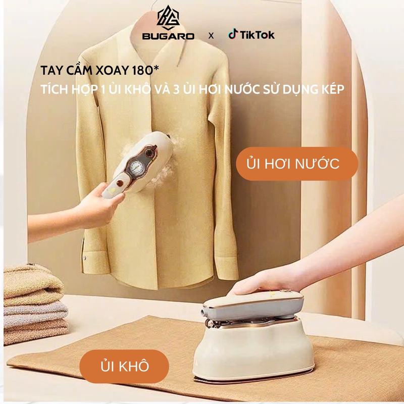 BUGARO Bàn ủi hơi nước cầm tay BG-12 Ceramic 16 lỗ thoát hơi 1400W ABS chịu nhiệt 2 chế độ ủi treo-nằm tay xoay 180° dung tích 200ml tay cầm xoay 180° tiện lợi