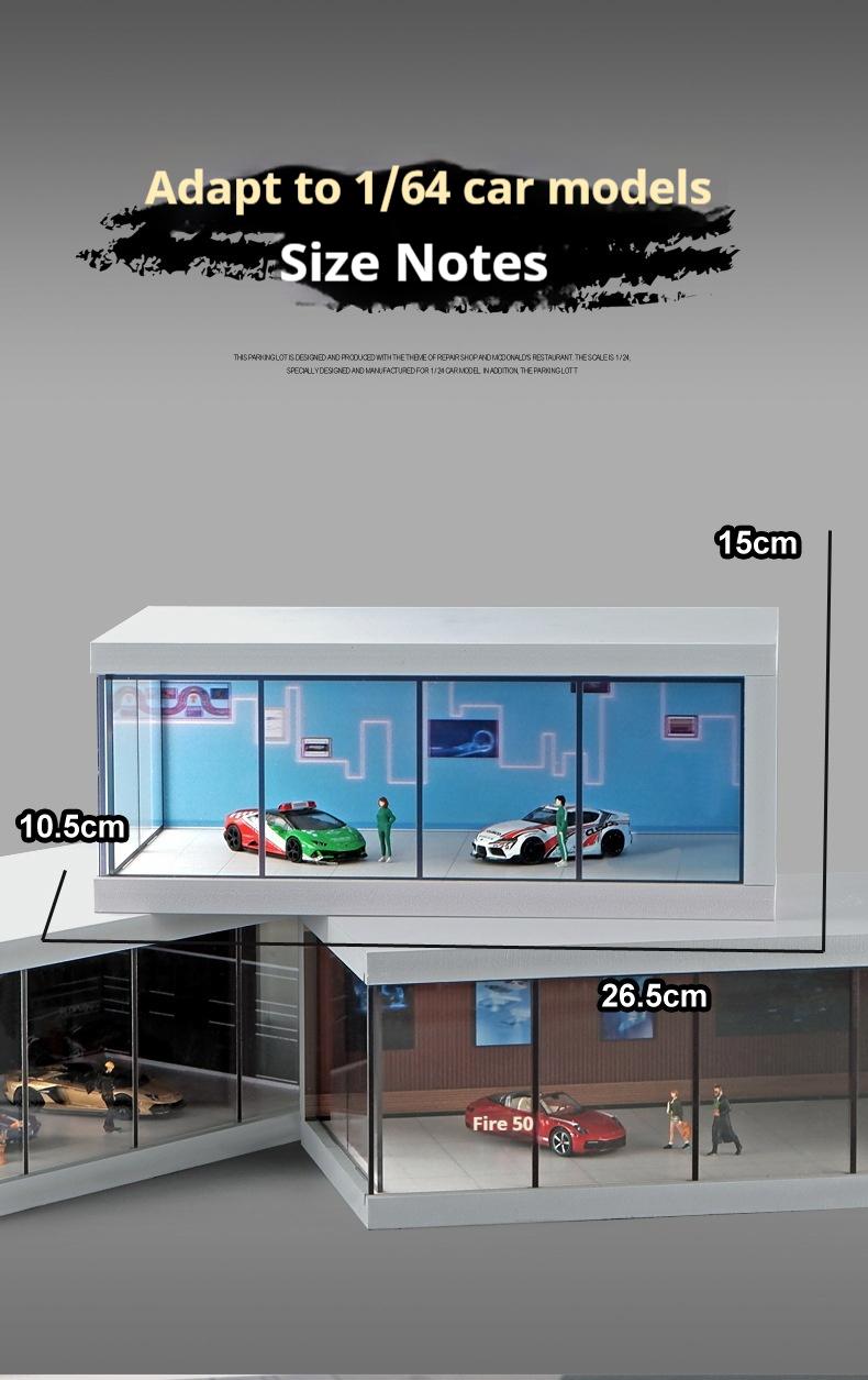 Product Introduction of Alloy die-cast car parking lot model, suitable for 1:64 scale car models, simulated garage scene, highly transparent dust-proof box, with lights, assembly model, for storing car models, for decoration and collection, a gift for boys 3