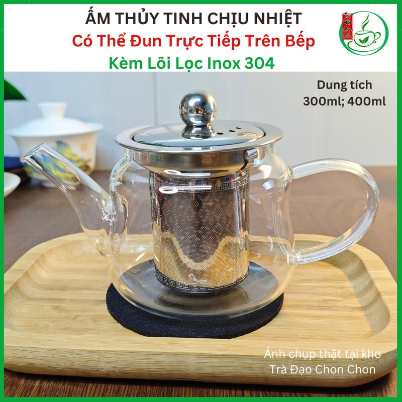 Ấm Pha Trà Bình Trà Thủy Tinh Chịu Nhiệt Lên Đến 150 Độ C Có Lõi Lọc Inox 304,Dung Tích 300ml,400ml