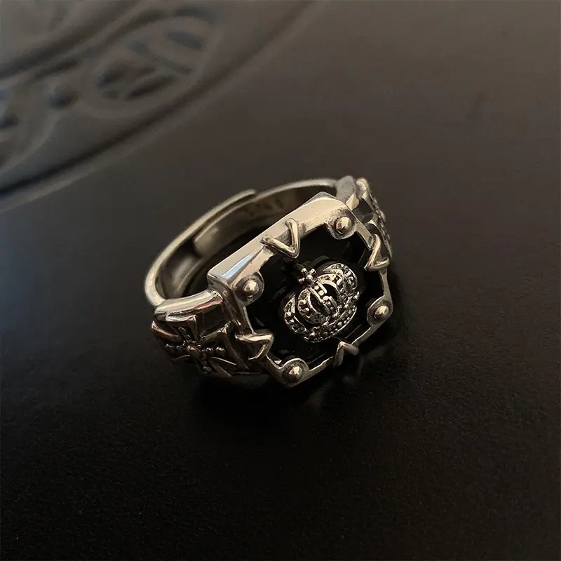 【zhamus】Retro Thai-silver Crown Open Ring Hip Hop Dark Ring Women Fashion Cross Index Finger Ring 0