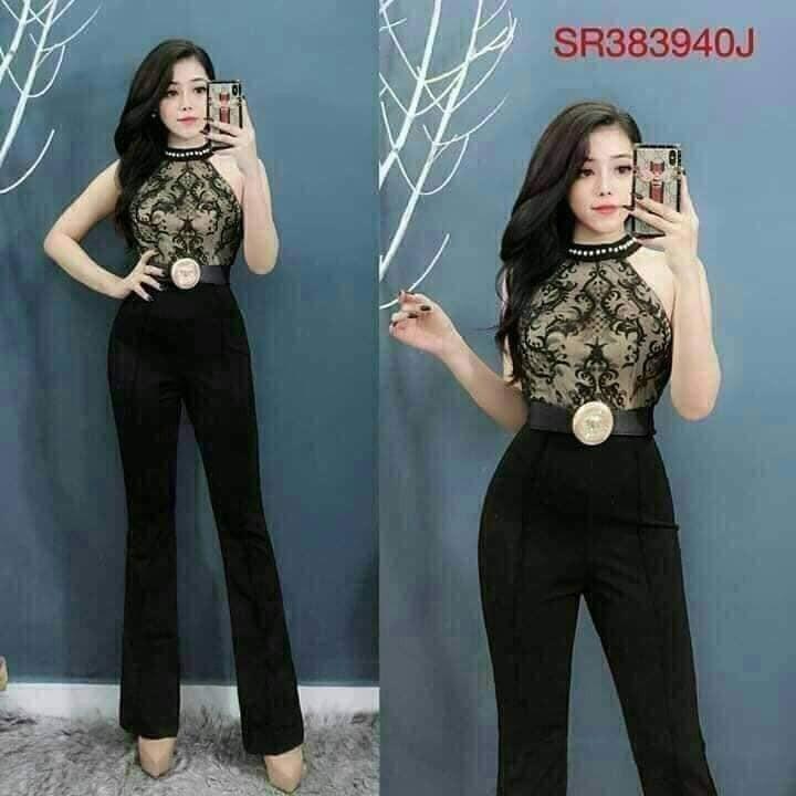 Product Introduction of Bộ jumpsuit phối ren lót lụa kem da ống loe đứng dài chấm đất  chất co giãn vải dày (không kèm dây nịt ) 2
