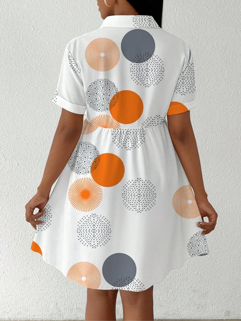 Product Introduction of 【Plus Size】 All Over Print Shirt Dress, Casual Short Sleeve Collared Dress for Summer, Women's Clothes for Daily Wear 8