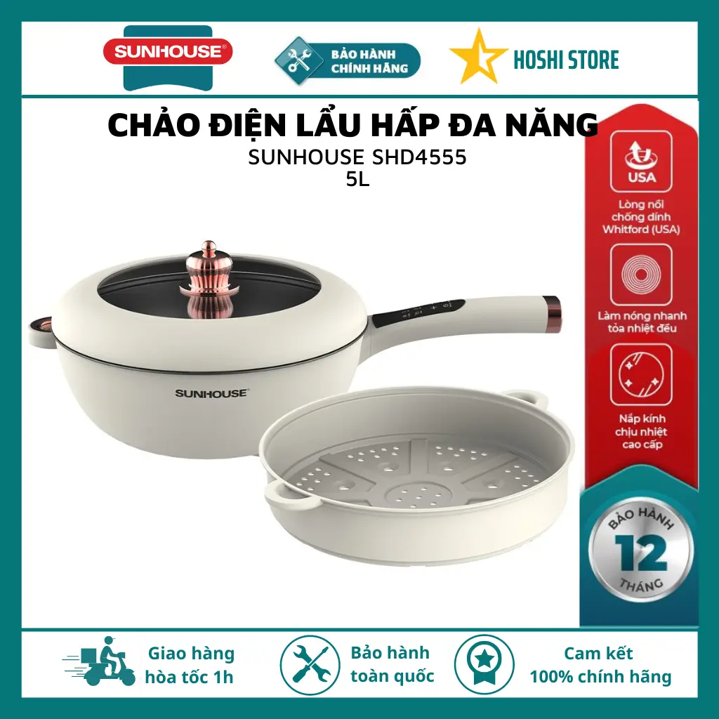 [MẪU MỚI] Chảo điện đa năng dung tích 5L SUNHOUSE SHD4555, 6 chức năng chiên, xào, lẩu, hấp, nấu cháo, giữ ấm
