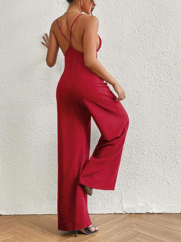 Women's Minimalist Plain Criss Cross Backless Cami Jumpsuit for Summer, Summer Clothes, Womenswear Basic Casual Sleeveless Pocket Wide Leg Jumpsuit for Lady Summer, Ladies Clothes for Daily Wear 7
