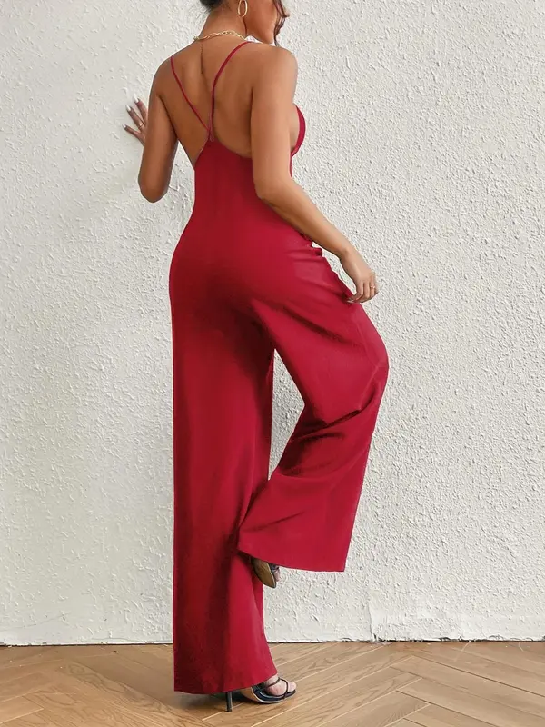 Women's Plain Criss Cross Backless Cami Jumpsuit, Casual Pocket Wide Leg Jumpsuit for Summer, Ladies Clothes for Daily Wear 4