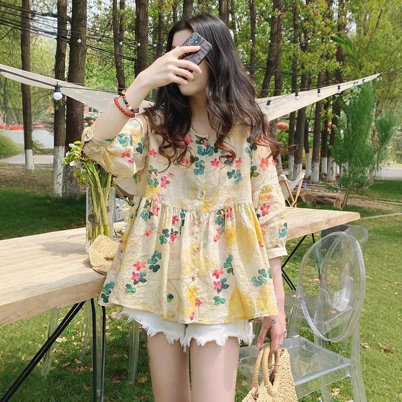 Áo Sơ Mi Babydoll, Phong Cách Hàn Quốc, Dáng Rộng Vừa Vặn, Thích Hợp Đi Đi Lại, Thiết Kế Hoa Sang Trọng Chất Liệu Ramie Cao Cấp, Áo Cánh Phồng Thoải Mái, Áo Sơ Mi Tay Lửng Có Sẵn Vận Chuyển 24 giờ 0