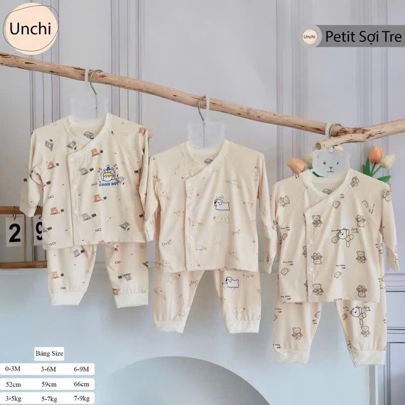 BD41. Bộ quần áo sơ sinh dài tay Unchi vải petit bamboo mềm mát cho bé sơ sinh từ 3-9kg